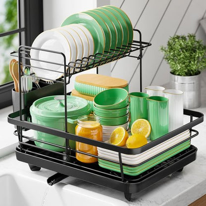 Kitsure Dish Drying Rack - Stainless Steel Kitchen Organizer with Cutlery Holder | 12"W x 15.5"L, Black