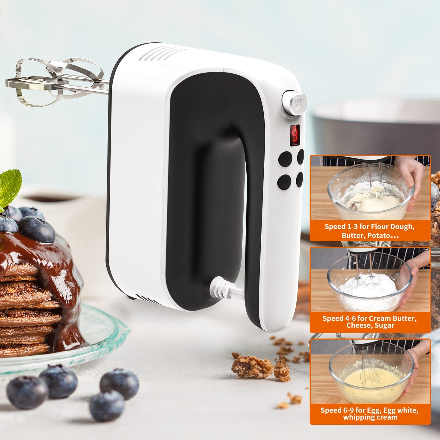 Yomelo 9-Speed Digital Hand Mixer Electric, 400W Powerful DC Motor, Baking Mixer Handheld with Snap-On Storage Case, 5 Stainless Steel Accessories, Flat Beaters, Dough Hooks, Whisk (White & Black)