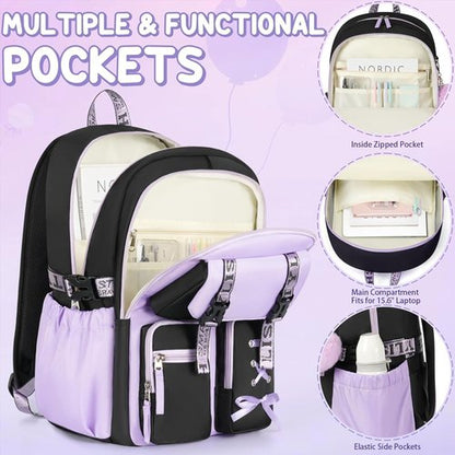 Fimibuke Girls' Backpack Set - 3 PCS Waterproof Design with Lunch Box & Pencil Case | Perfect for School & Travel