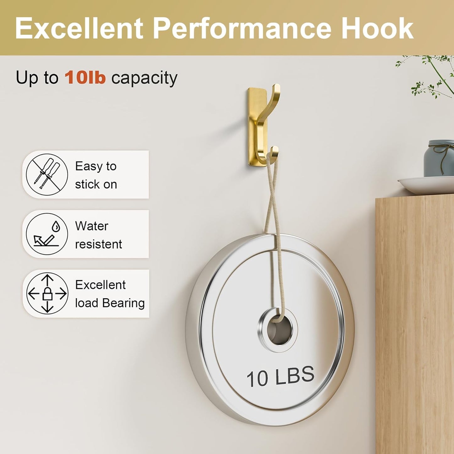 Pickpiff Adhesive Wall Coat Hooks - Heavy-Duty Metal Hangers for Towels, Bags, and Clothes - Gold, 4 Pack