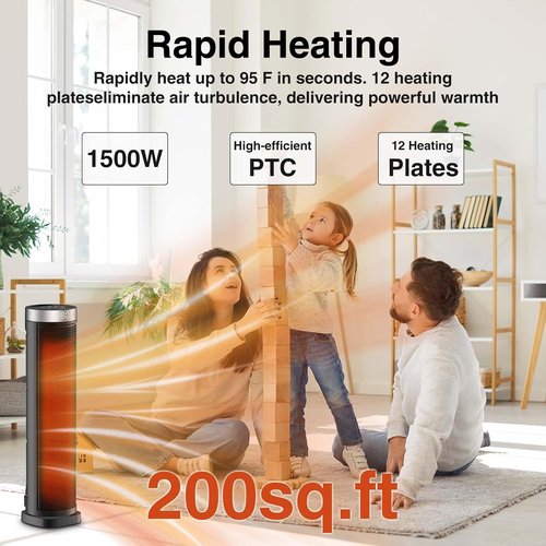 **Skiennix 70° Oscillating Space Heater - 1500W Quiet Electric Tower Heater with Remote, 24 Inches**