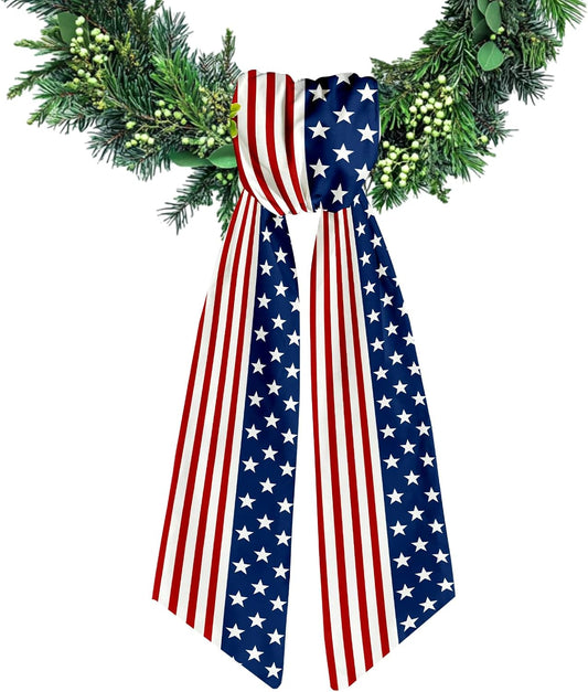 Patriotic Wreath Sash for Front Door Red White Stripe Wreaths Satin Sash Star Garland Ribbon Accessories for Wreath Yard Doorway Indoor Outdoor Bow Bridal Shower Home Decor,5.1 x 54.3
