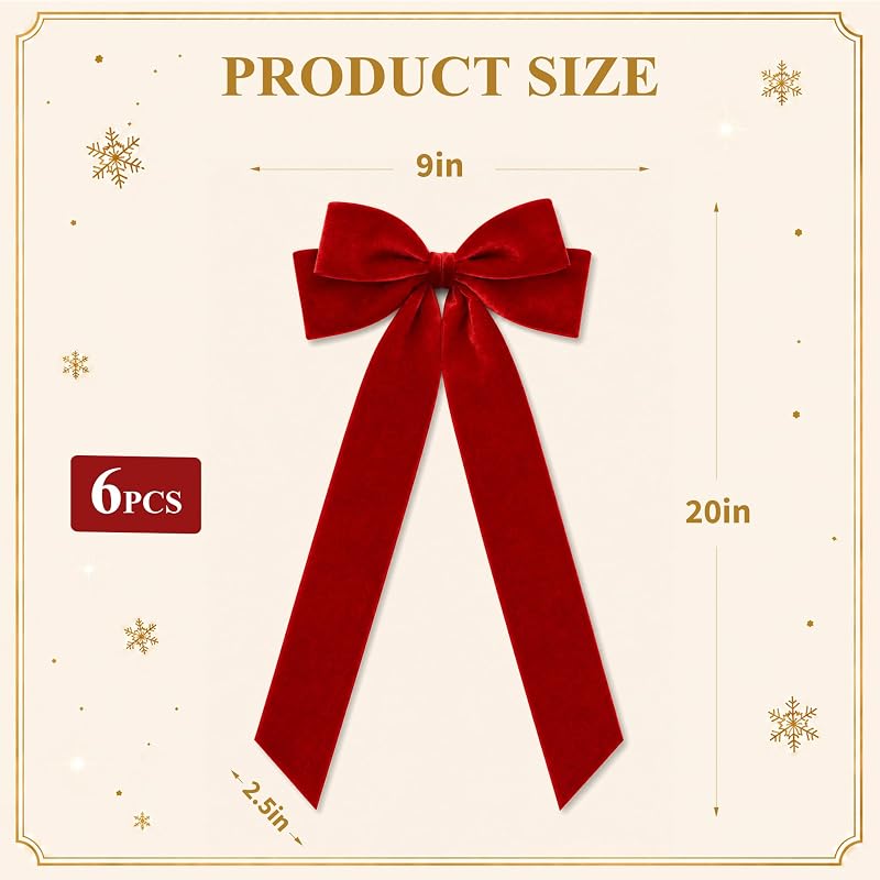Large Velvet Christmas Bows - 20x9 in Double-Bow Pro Garden & Tree Decor (Red) - 6 Pack