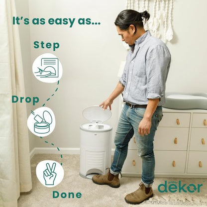 Diaper Dekor EKO MINI Diaper Pail, White, ONLY Eco-Friendly Diaper Pail Made with 70% Recycled Materials, Hands-Free: Step–Drop–Done, Cost-Effective Refill System