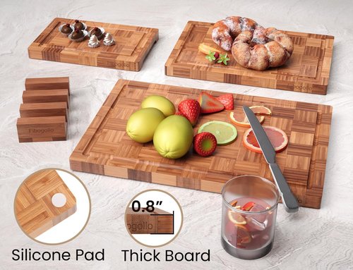 Bamboo Cutting Boards Set - End Grain Butcher Block with Juice Groove | 3-Piece Kitchen Set