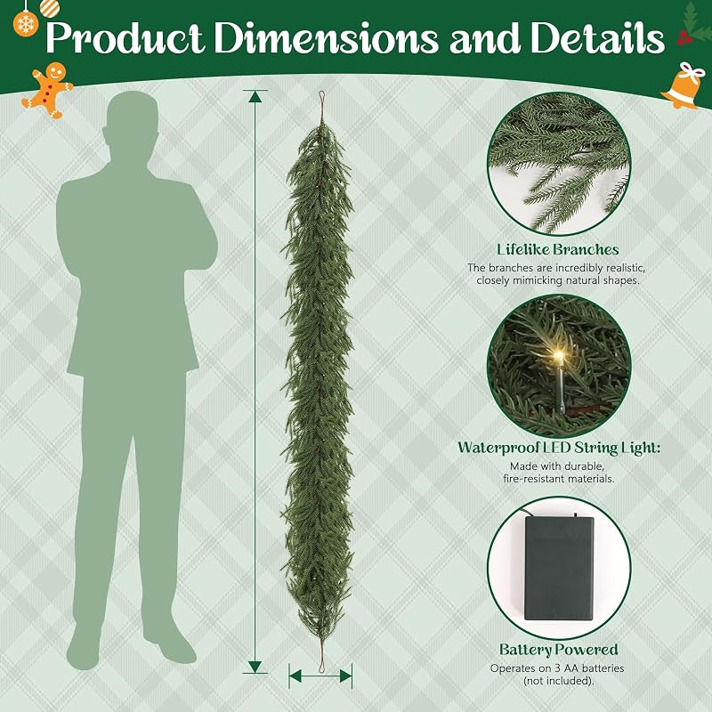 6ft Norfolk Pine Garlands with Light - Pre-Lit Dense Real Touch Indoor/Outdoor Christmas Garland - Variation: 1+6ft