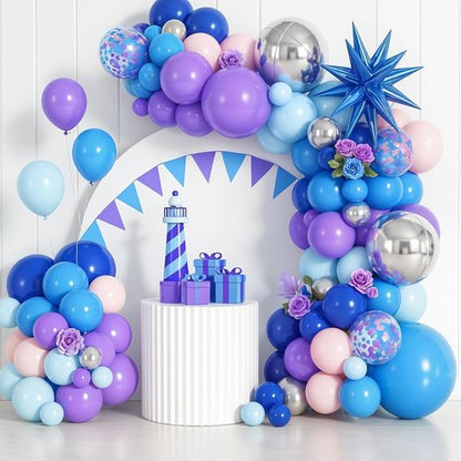 Blue Purple Silver Balloon Arch Garland Kit - Star Foil & 4D Round Balloons for Hawaii Theme Baby Shower