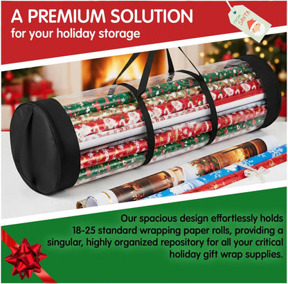Mobi Lock Wrapping Paper Storage Bag - Cylindrical Organizer with Zipper & Handles - Holds 18-25 Rolls
