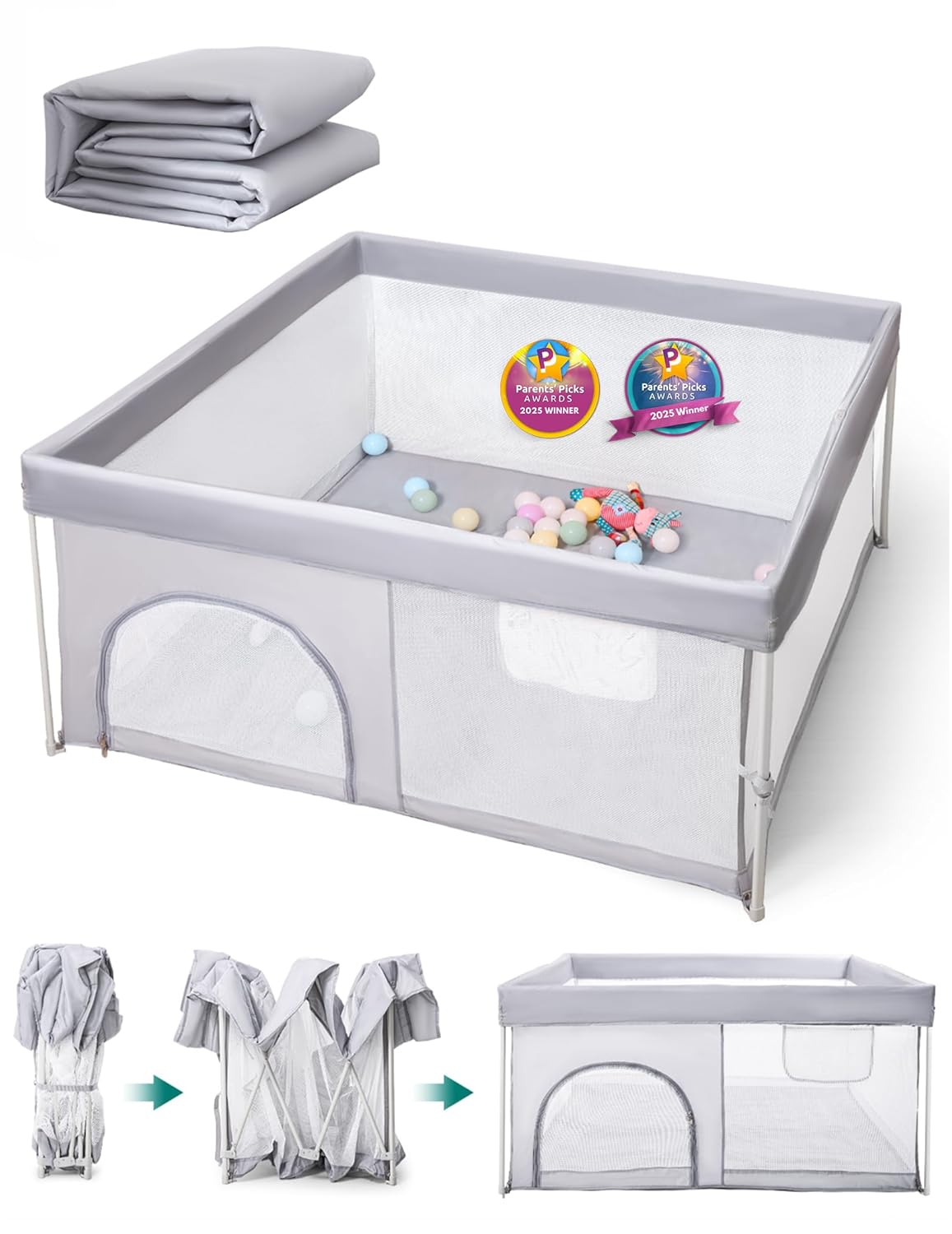Babelio Foldable Baby Playpen - Portable 54.5" Playard with Mat for Indoor & Outdoor Use | Grey