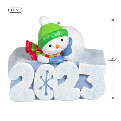 Hallmark Keepsake 1.25" Miniature Christmas Ornament 2023, A Snowy 2023 with Light Mini, Snowman Gifts