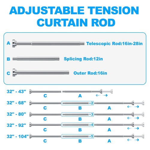 TEECK Shower Curtain Rod, 32-43 inch Adjustable Spring Tension Curtain Rod, Never Rust Anti-Slip Shower Curtain Rod for Bathroom, No Drilling, Never Collapse, Easy to Use, Silver