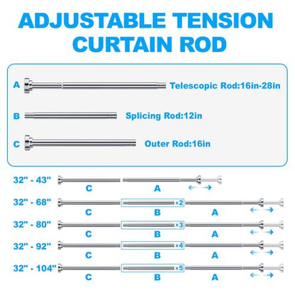 TEECK Shower Curtain Rod, 32-43 inch Adjustable Spring Tension Curtain Rod, Never Rust Anti-Slip Shower Curtain Rod for Bathroom, No Drilling, Never Collapse, Easy to Use, Silver