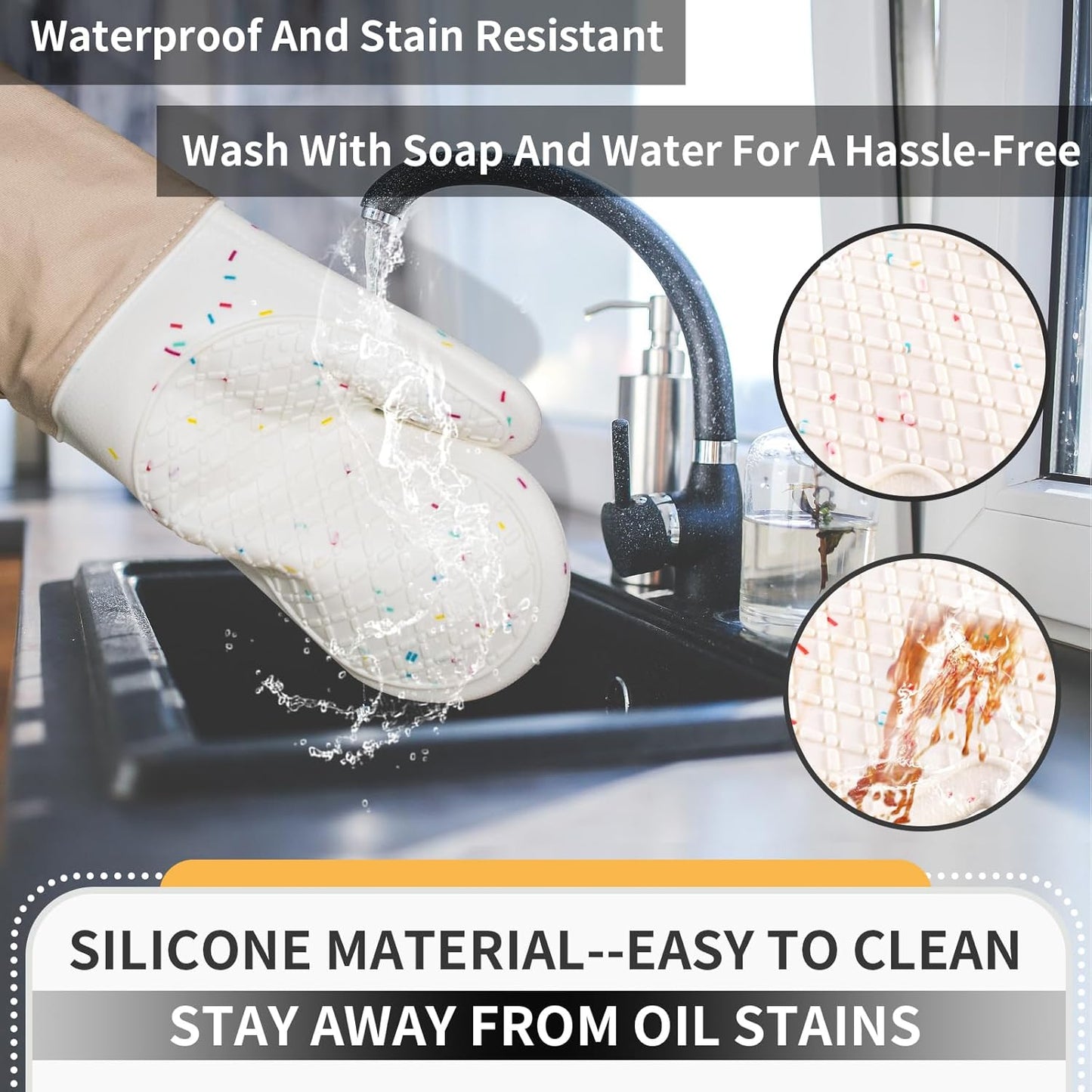 Skiennix Oven Mitts - Cute Heat Resistant Silicone Cooking Gloves | Washable, 500°F, Cream Color