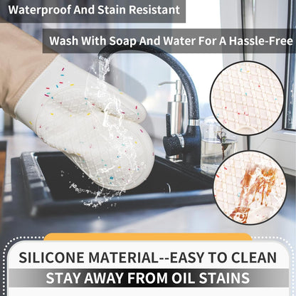 Skiennix Oven Mitts - Cute Heat Resistant Silicone Cooking Gloves | Washable, 500°F, Cream Color