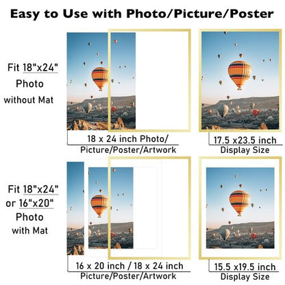 JCJMY 18x24 Picture Frame with 16x20 Mat, Display Photo 16x20 with Mat or 18 x 24 Without Mat, Wall Hanging Large 18 by 24 Poster Frame with Plexiglass, Gold