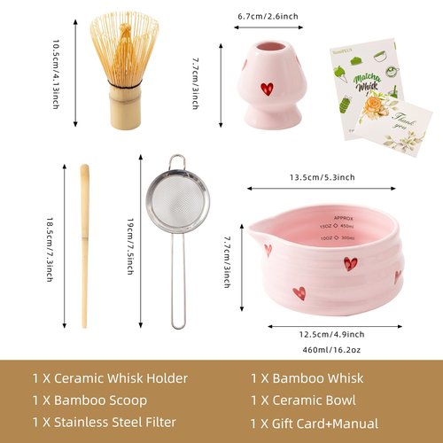 YumiPLUS 5pcs Premium Matcha Set,Ceramic Bowl with Spout and Bamboo Whisk set, Ceremonical Matcha Kit for breakfast/latte,Tea Starter Making Kit,Unique Matcha Gift set (pink love)