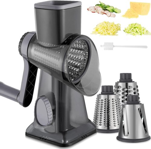 Cheese Grater - Hand Crank Rotary Vegetable Shredder with 3-in-1 Interchangeable Blades | Non-Slip Base