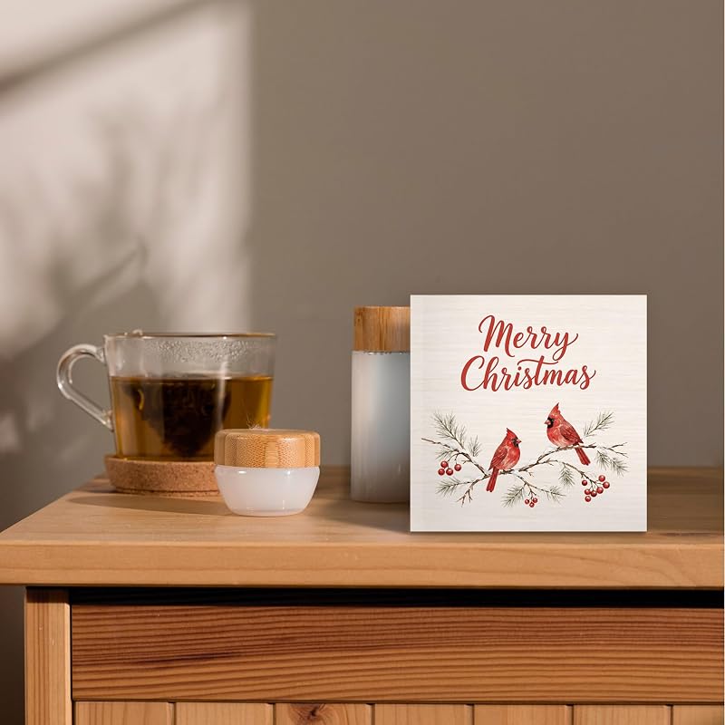 Winter Cardinal Desk Box Sign - 5x5 in Christmas Wood Decor, Variation of THIS listing: Cardinals 02