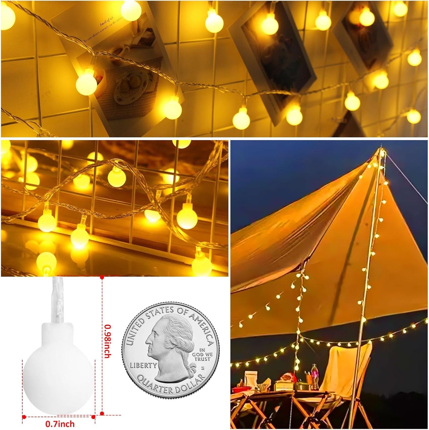 Skiennix Battery Operated LED Globe String Lights | 52FT Total, 120 LEDs, Waterproof, 8 Modes for Home & Garden Decor