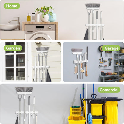 OTraki Broom Holder Wall Mount - No Drill Mop Organizer with 4 Slots & 5 Hooks for Efficient Storage