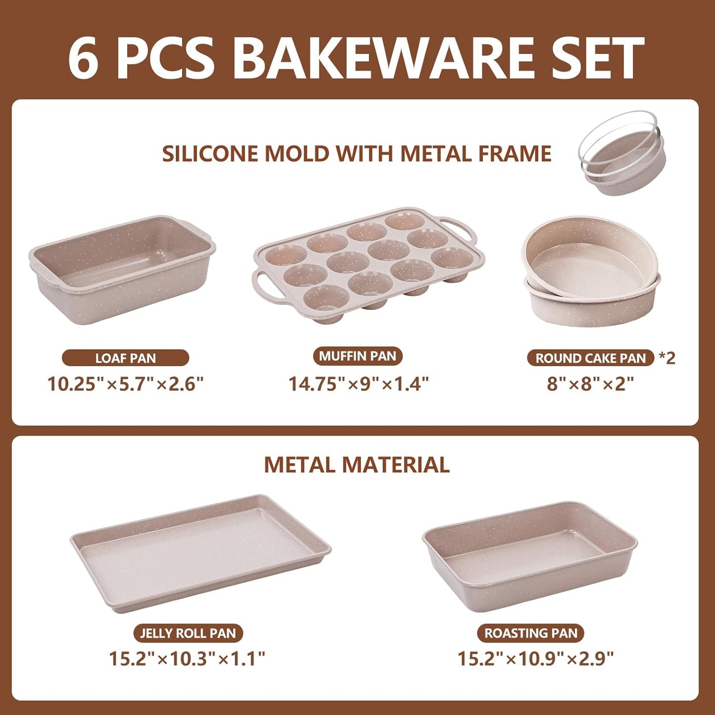 Vinino 6-Piece Nonstick Baking Pans Set - Includes Muffin, Loaf, Cake Pans & Roasting Pan