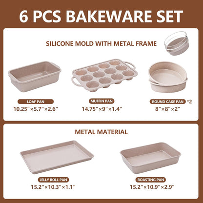 Vinino 6-Piece Nonstick Baking Pans Set - Includes Muffin, Loaf, Cake Pans & Roasting Pan