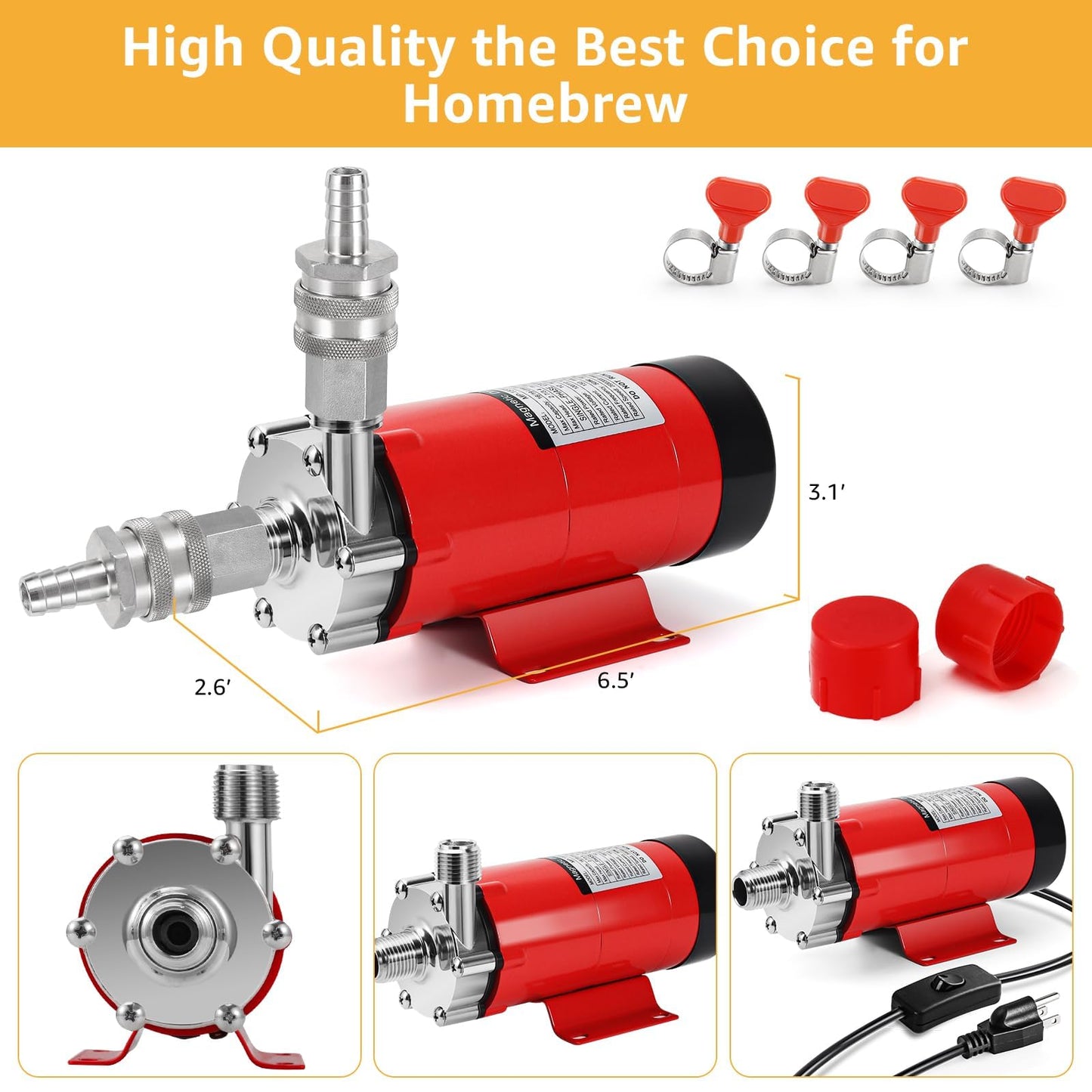 MRbrew Wort Pump Quick Disconnect Set Stainless Steel Magnetic Beer Pump for Wort Transfer, 1/2” NPT Thread 110V Quiet Operation With Switch Brewing High Temperature Resistance for Homebrew