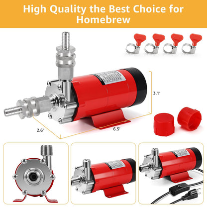 MRbrew Wort Pump Quick Disconnect Set Stainless Steel Magnetic Beer Pump for Wort Transfer, 1/2” NPT Thread 110V Quiet Operation With Switch Brewing High Temperature Resistance for Homebrew
