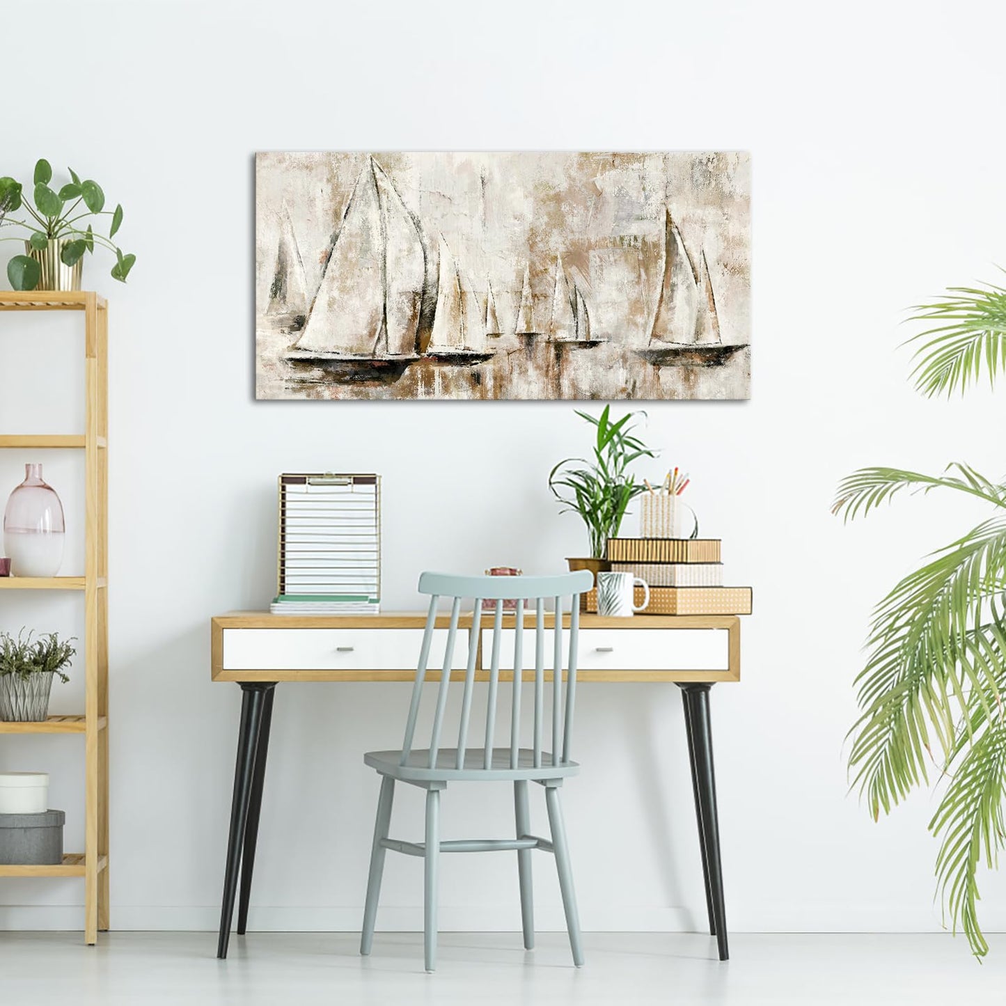 sechars Sailboats Painting Canvas Art Abstract Sailing Boats Wall Decor Rustic Nautical Theme Home Office Living Room Decorations 24x48 Inch (Brown)