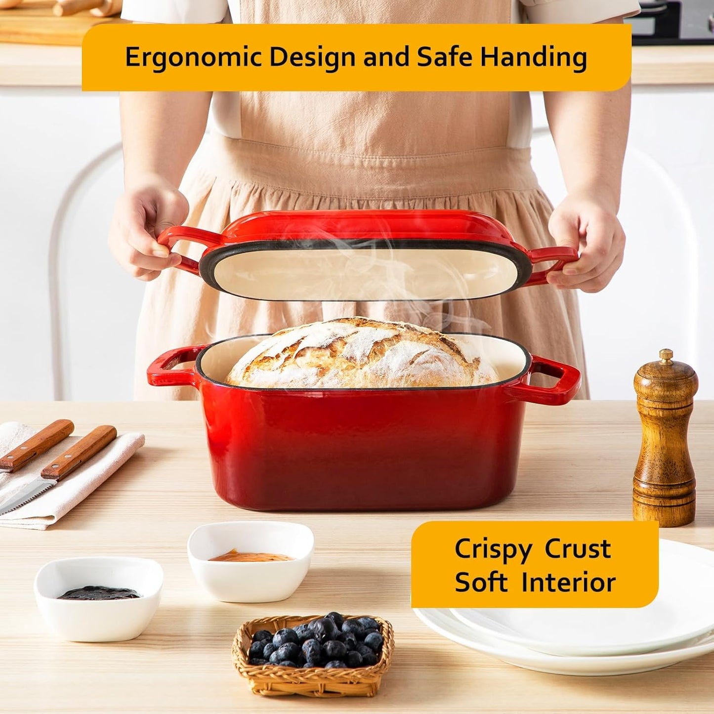 Velaze 3.6QT Dutch Oven - Enameled Cast Iron Bread Baking Pan with Lid & Offset Handles | Oven Safe to 500°F (Red)