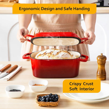 Velaze 3.6QT Dutch Oven - Enameled Cast Iron Bread Baking Pan with Lid & Offset Handles | Oven Safe to 500°F (Red)