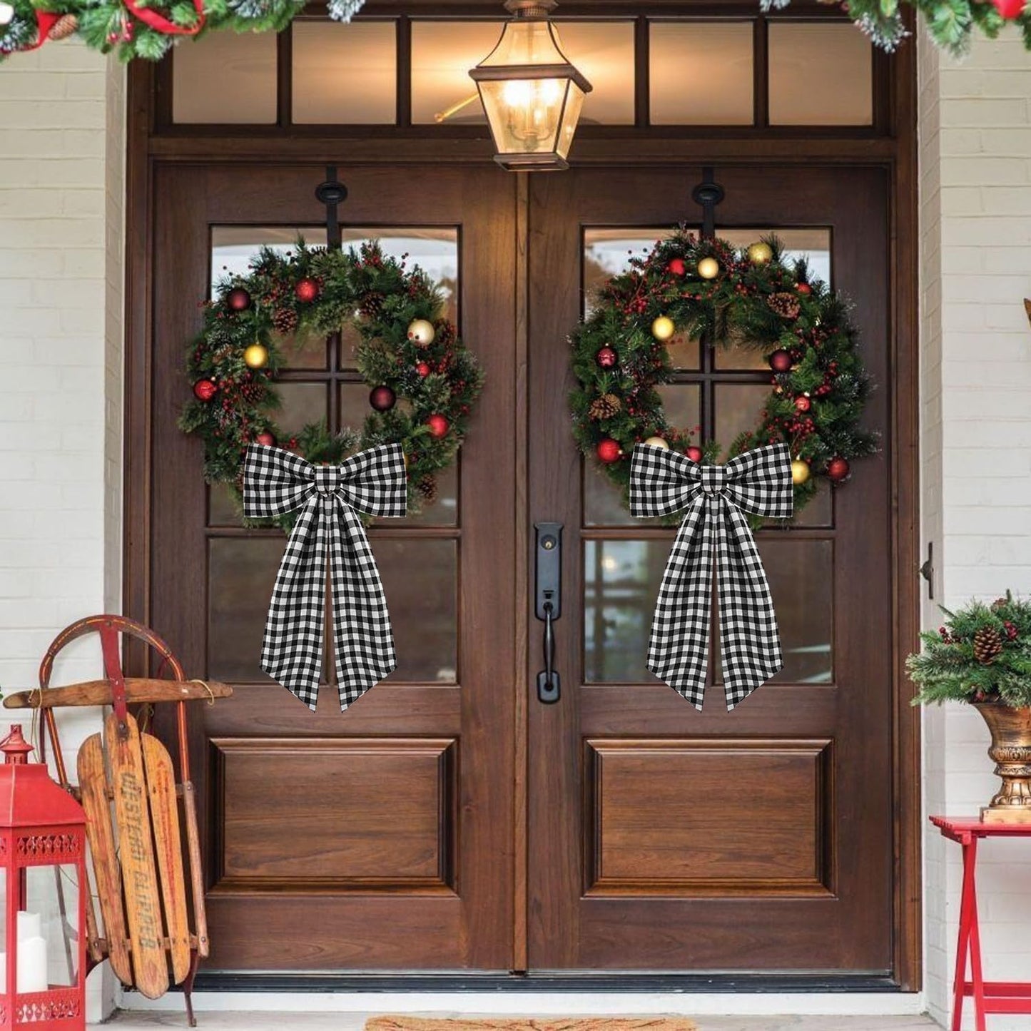 Skiennix 2 Pack Wreath Sash - Stylish Boxwood Garland Decor for Front Door | White & Black Plaid