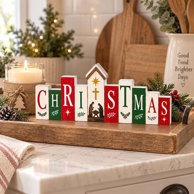 Nativity Bible Scene Tabletop Sign - Freestanding Rustic Christmas Decor, 11.8 x 4.7 in - Variation: Christmas