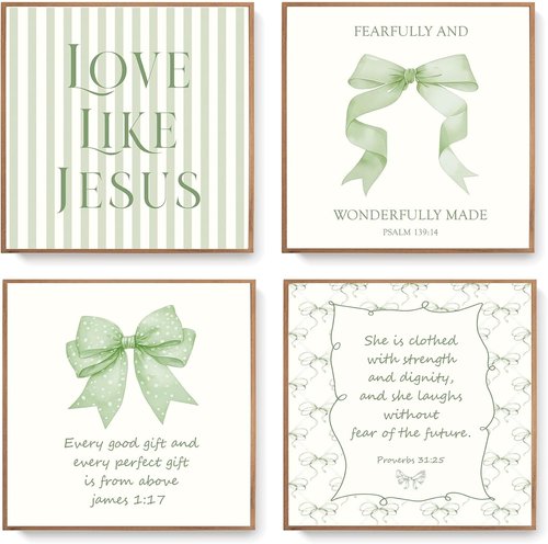 LARTSFRO Coquette Wall Art Decor - Inspirational Bible Verse Posters | Sage Green Bow Design, 10x10 Inch Set of 4