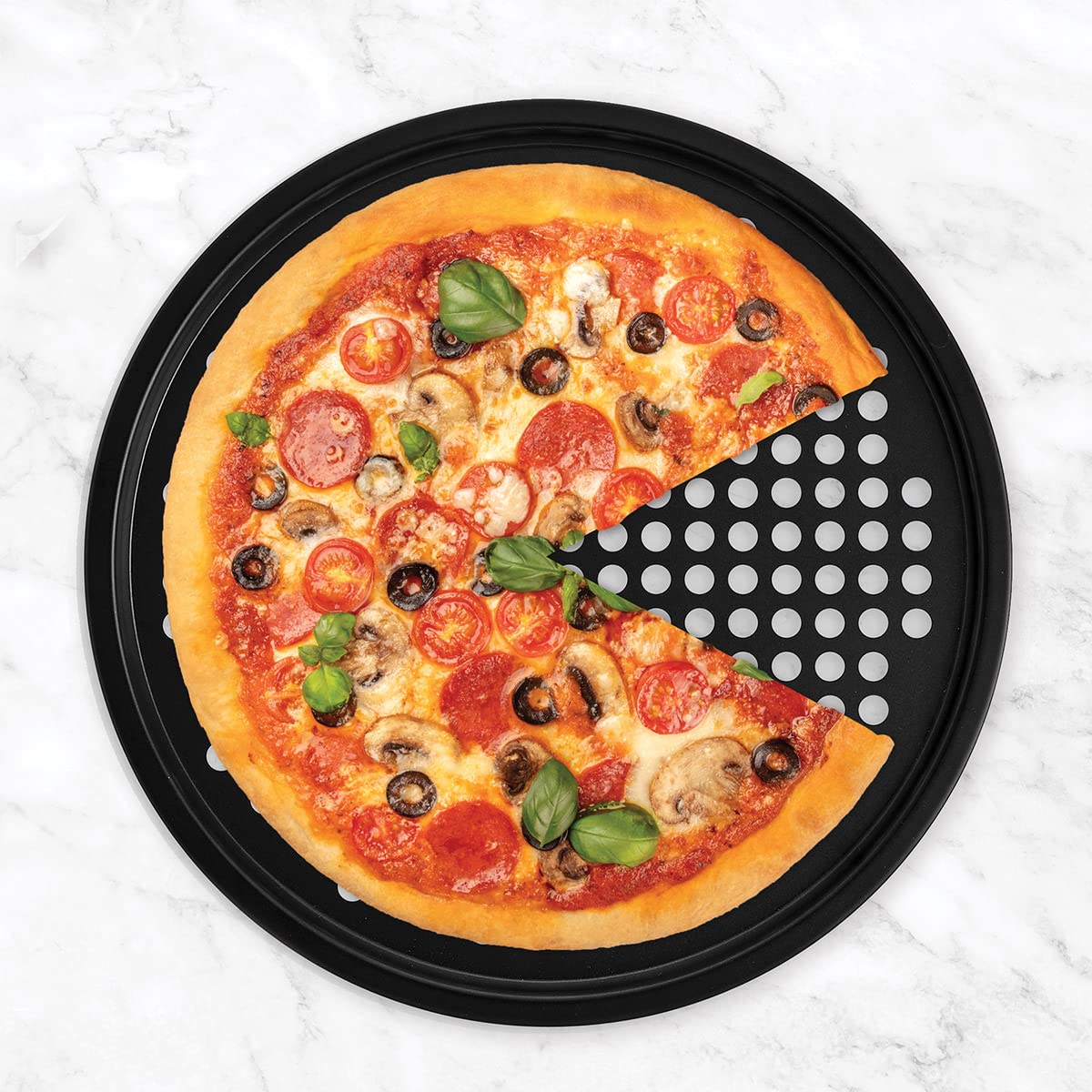 Fantes Perforated Crispy Pizza Pan, Non-Stick Carbon Steel, PFOA Free, 12-Inches, The Italian Market Original since 1906