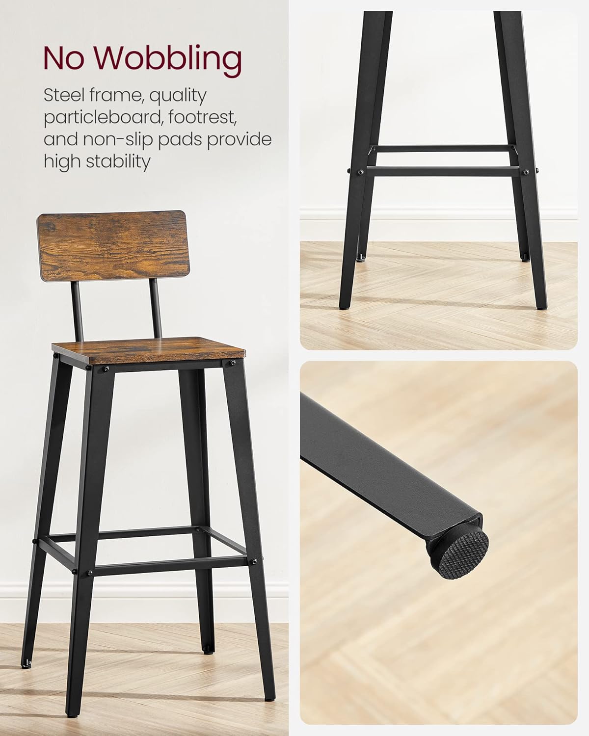 VASAGLE Bar Stools Set of 2 - 29.1-Inch Tall Industrial Style Chairs with Back - Rustic Brown & Ink Black