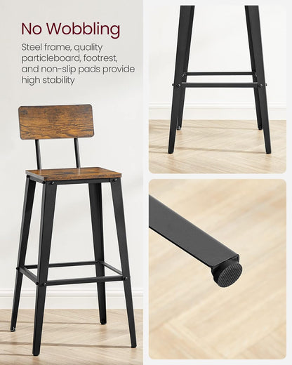 VASAGLE Bar Stools Set of 2 - 29.1-Inch Tall Industrial Style Chairs with Back - Rustic Brown & Ink Black