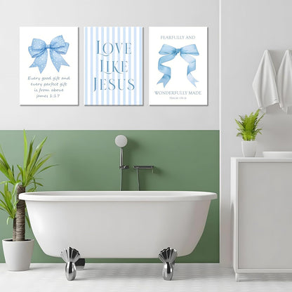 Blue Bow Jesus Canvas Wall Art - Inspirational Bible Verse Decor for Dorm Room | 12x16 Inch Framed