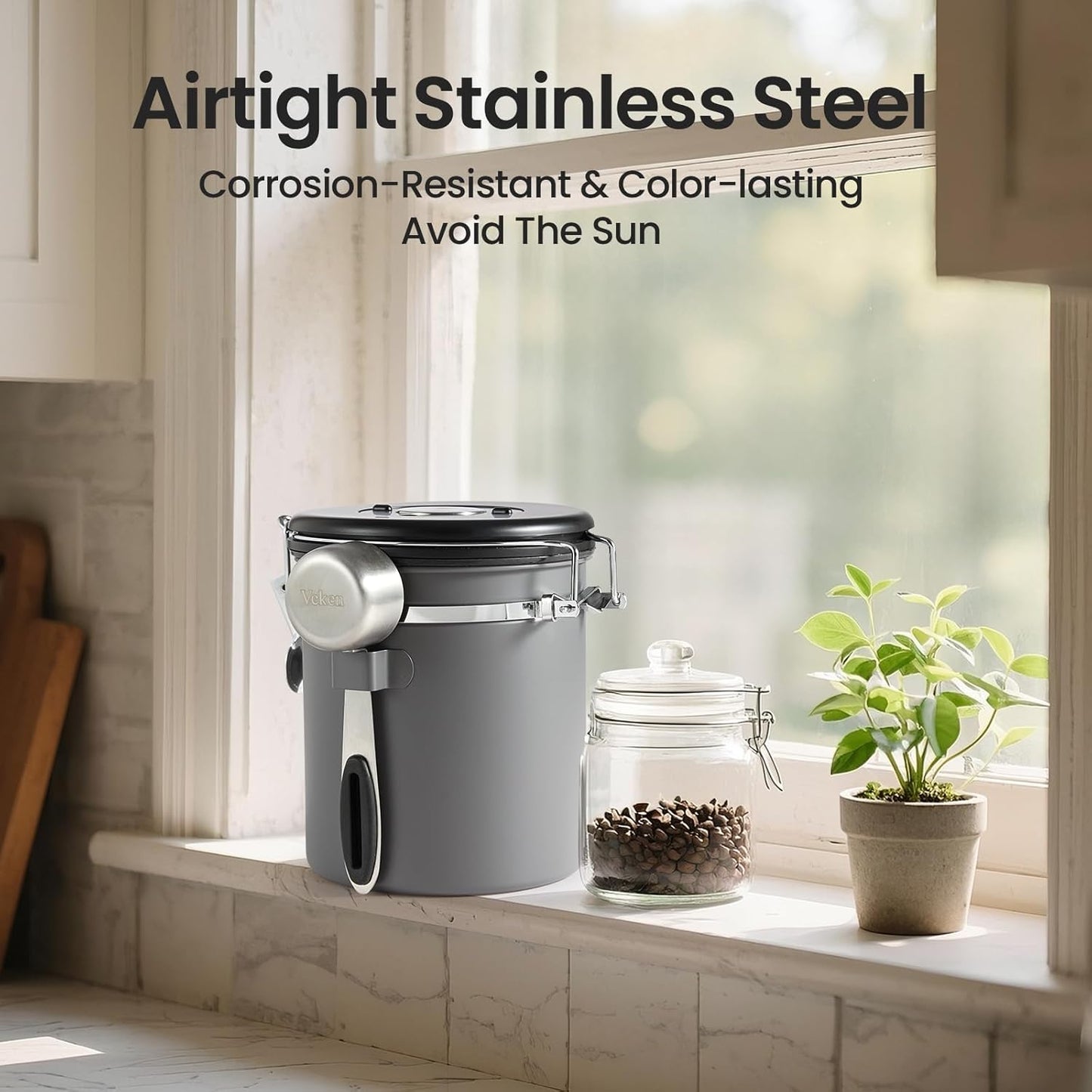 Veken Airtight Coffee Canister - Stainless Steel Food Storage Container with Date Tracker & Scoop | 16oz Gray
