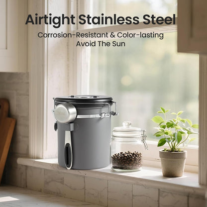 Veken Airtight Coffee Canister - Stainless Steel Food Storage Container with Date Tracker & Scoop | 16oz Gray
