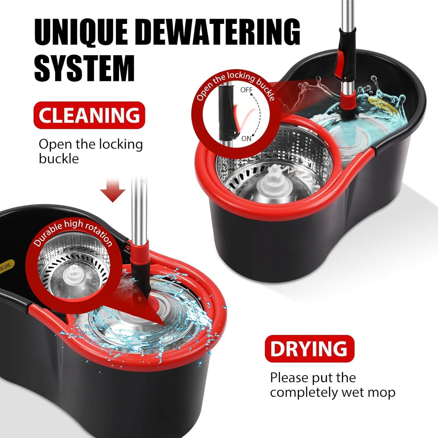 Skiennix Spin Mop and Bucket Set - 360° Cleaning System with 3 Microfiber Refills & 50" Handle | Black