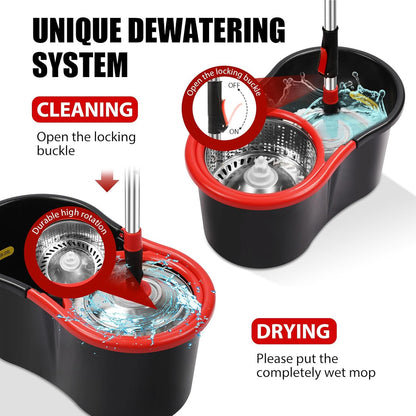 Skiennix Spin Mop and Bucket Set - 360° Cleaning System with 3 Microfiber Refills & 50" Handle | Black