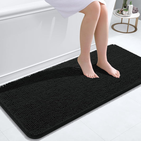 OLANLY Bathroom Rugs - Extra Soft Absorbent Chenille Mats | Quick-Dry, Machine Washable, 47x20 Inches, Black
