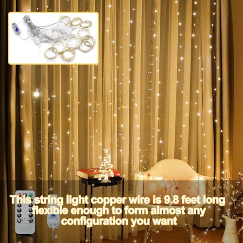 Lemical 300LED Curtain Lights - 9.8FT x 9.8FT Fairy String Lights with Remote & USB Plug | Warm Light for Indoor Decor