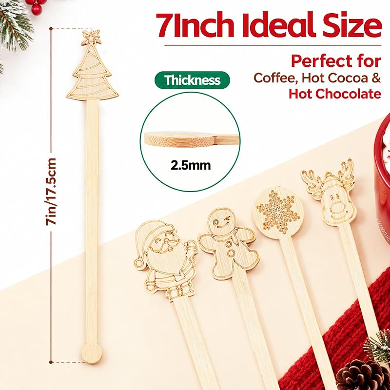 Christmas Bamboo Coffee Stir Sticks 50pc Pack - 7in Stirrers with Santa/Tree Designs (Variation: Christmas+50PCS)