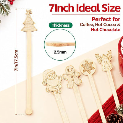 Christmas Bamboo Coffee Stir Sticks 50pc Pack - 7in Stirrers with Santa/Tree Designs (Variation: Christmas+50PCS)