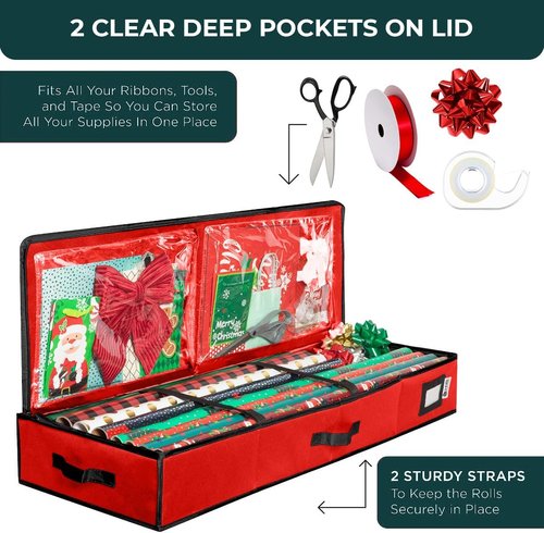 HOLDN' STORAGE Premium Wrapping Paper Storage Container - Durable 600D Tear-Proof Design | Fits 27 Rolls, Extra Pockets for Ribbons & Bows, Underbed Storage - Perfect for Holiday Gift Wrap, Red/Black Trim