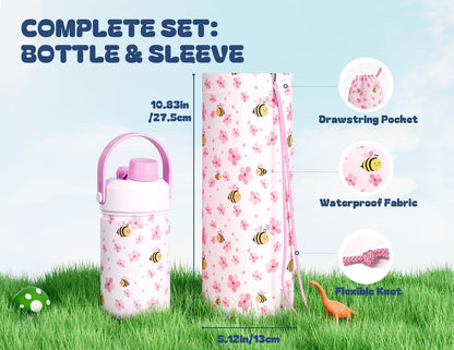 Skiennix 12 oz Kids Stainless Steel Water Bottle - Leakproof 2-in-1 Straw Lid, BPA-Free, Cute Bee Design