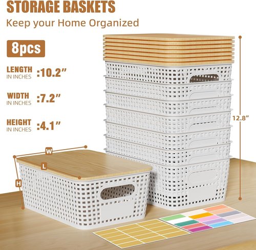 8 Pack Plastic Storage Bins with Bamboo Lids - Stackable Organizer Baskets for Pantry, Office & Nursery
