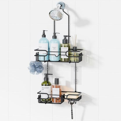 HapiRm Hanging Shower Caddy Organizer - Rustproof Bathroom Shelf with 12 Hooks & Soap Holder | Black